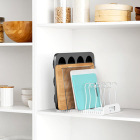 Simple Houseware cabinet storage keeps cookware organized and easy to find.