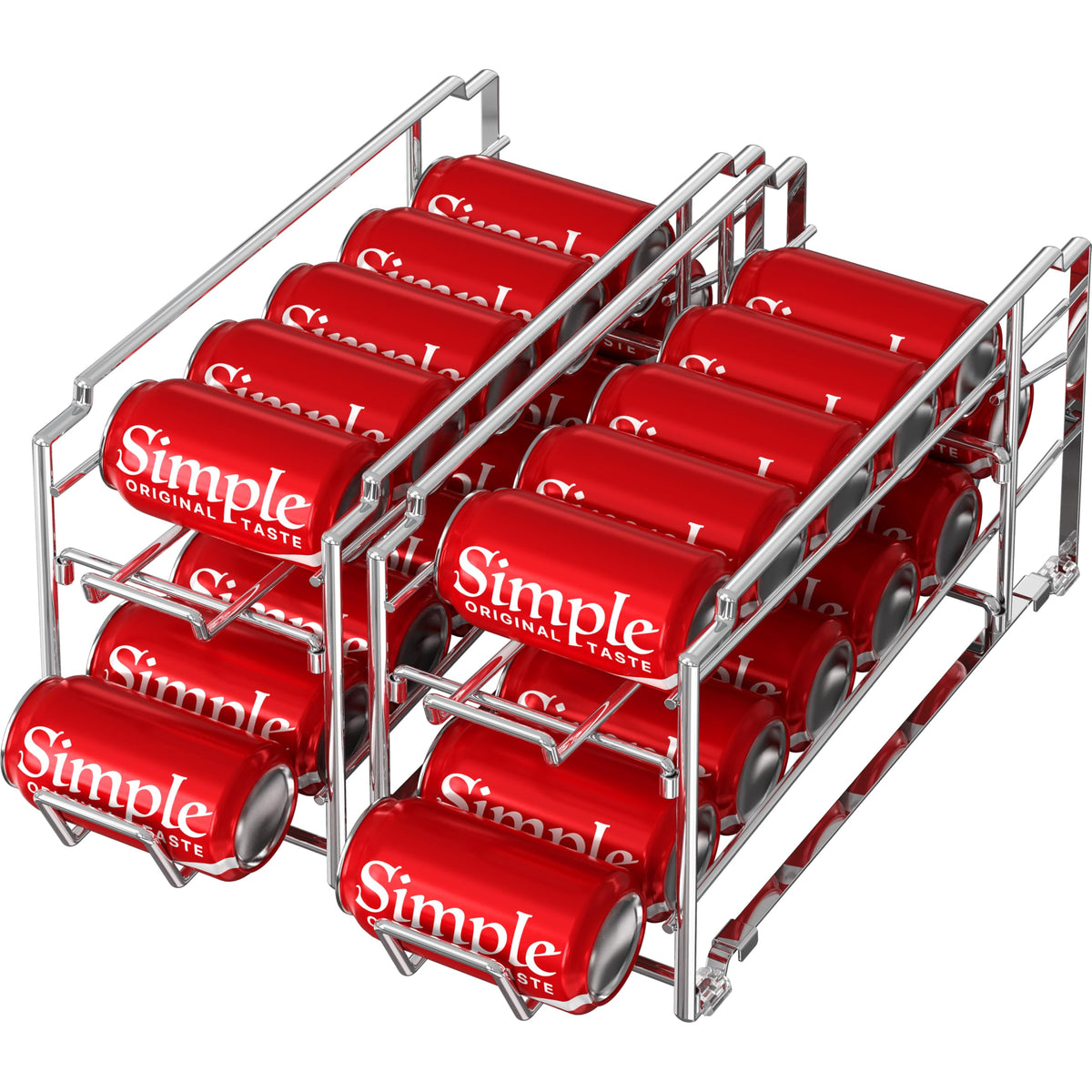 Simple Houseware front-loading can dispenser rack showing organized cans in fridge