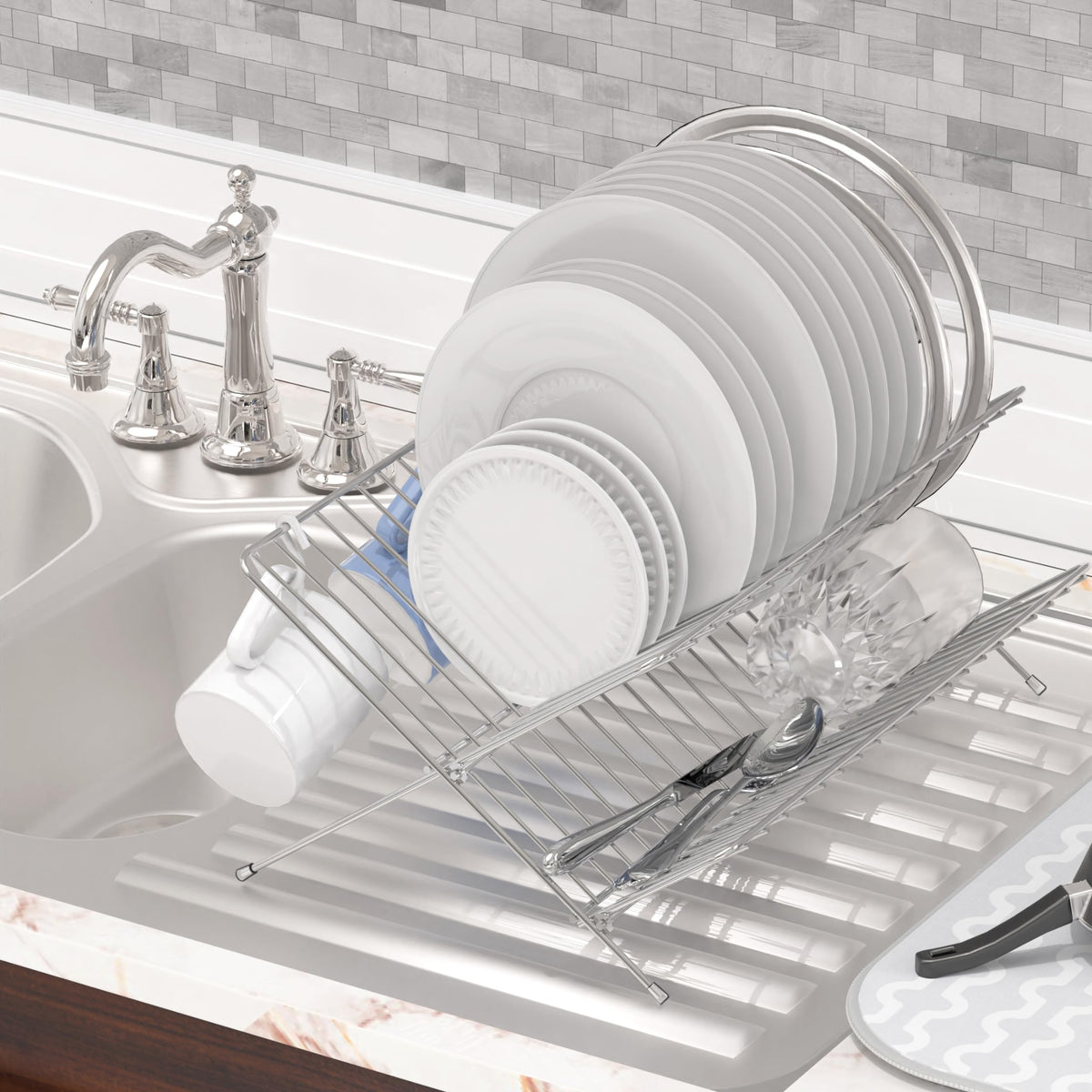 Simple Houseware chrome rack with three cup hooks for drying cups efficiently.