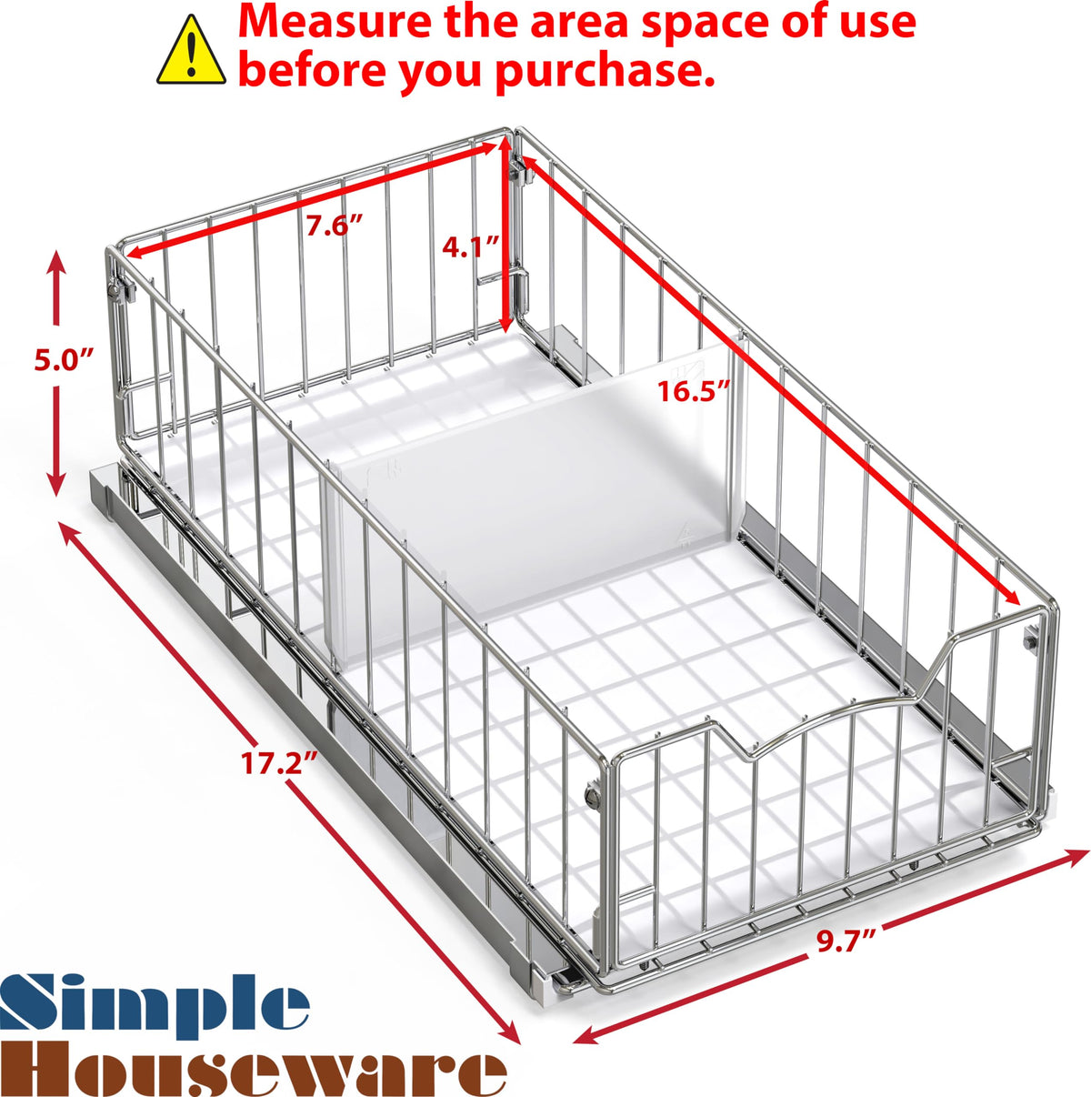 Chrome finish sliding basket shown inside a kitchen cabinet for easy storage.