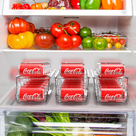 Simple Houseware clear front-loading bin in fridge for quick contents visibility.