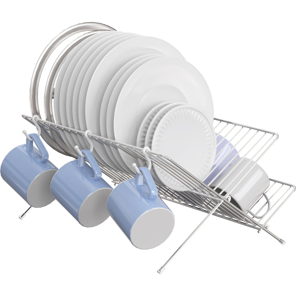 Simple Houseware chrome collapsible dish drying rack on counter for space-saving storage.