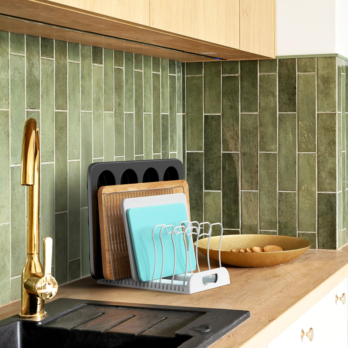 Simple Houseware countertop kitchen organizer keeps lids and platters within reach.