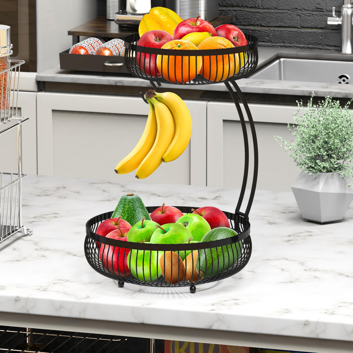 Simple Houseware dense wire basket design showing secure fruit storage and minimized spills.