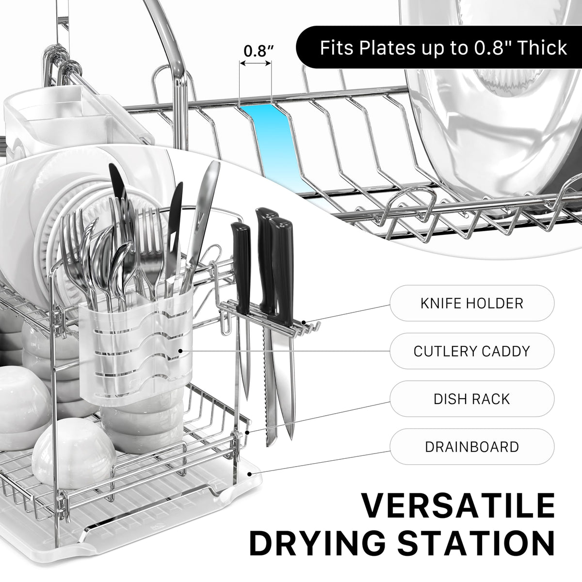 Detachable cutlery bucket drains easily for quick cleanup.