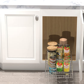 Simple Houseware 21in by 11in by 4in footprint fits most cabinets.