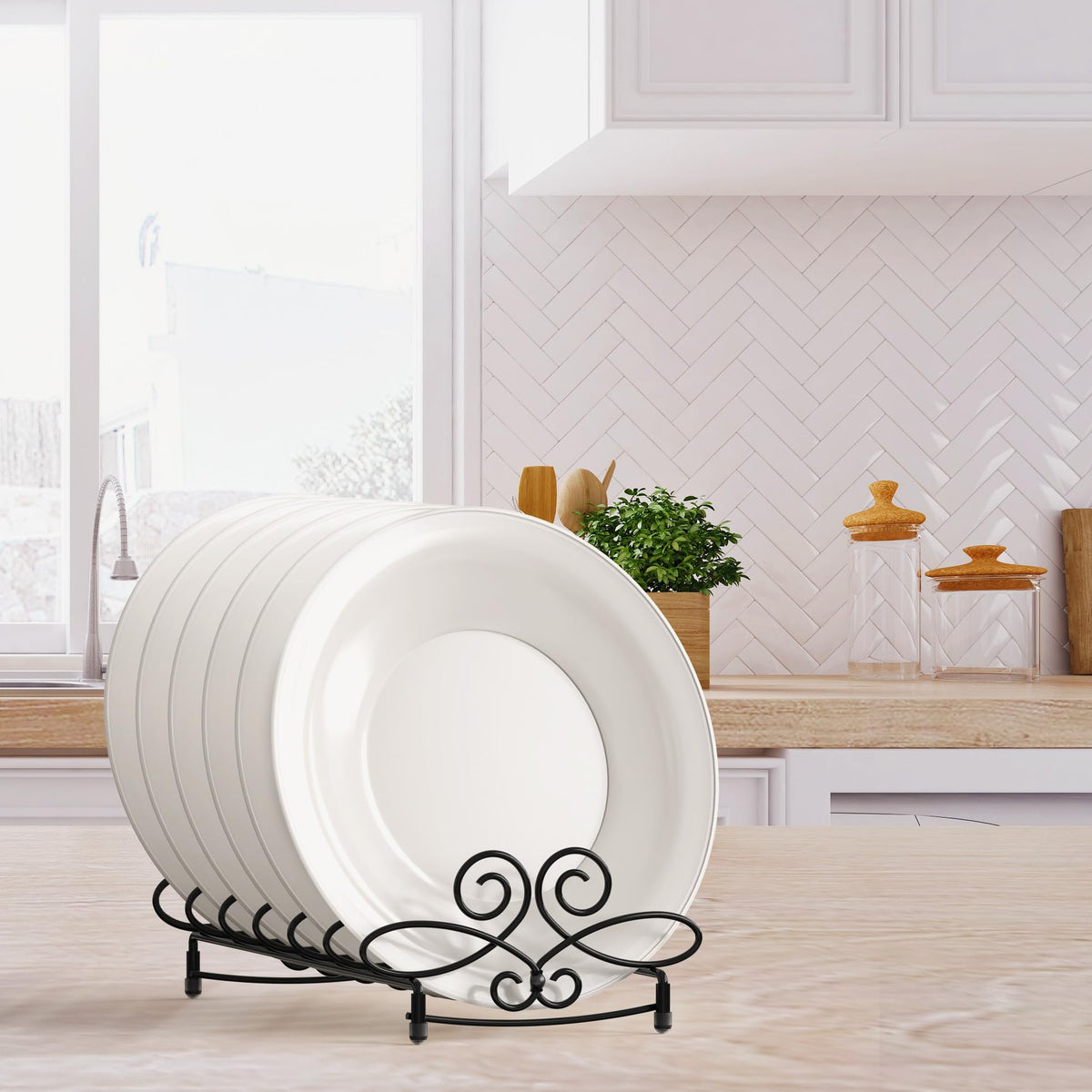 Simple Houseware dinnerware display stand showcases vintage plates with elegant wire design.