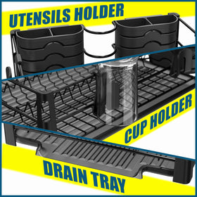 Simple Houseware dish-drying-rack-mug-hooks provide mug hanging for space saving.