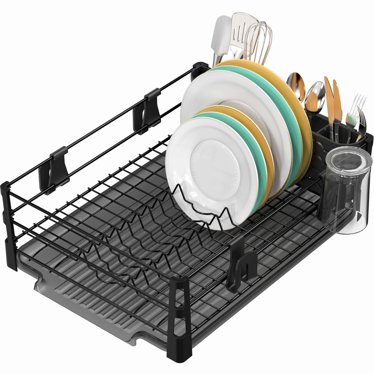 Simple Houseware dish-drying-rack-with-drainboard speeds air-drying and keeps counters neat.