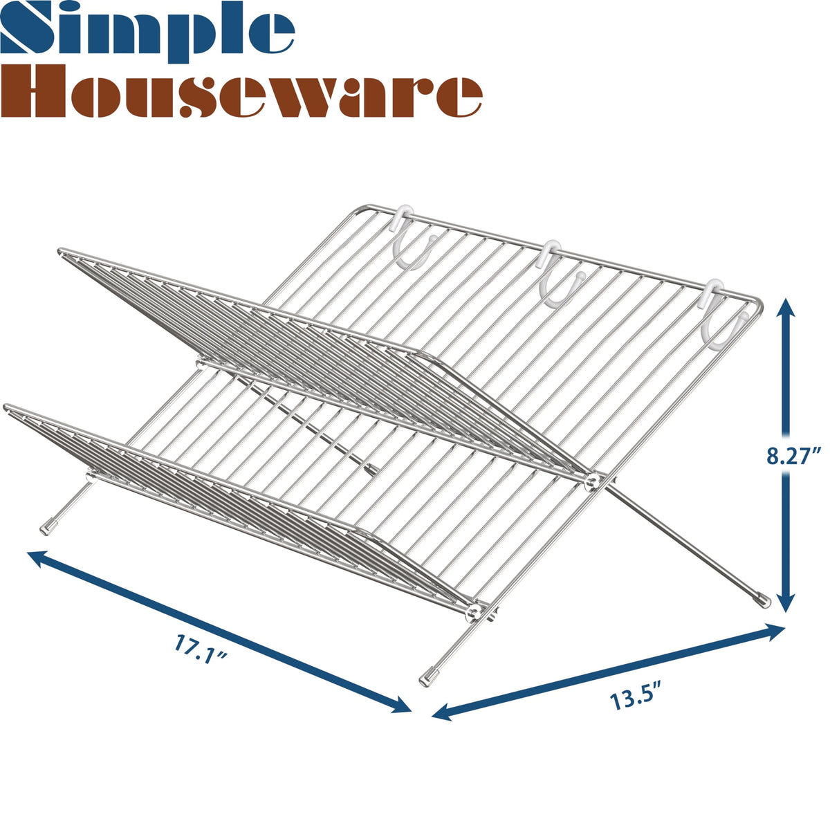 Simple Houseware chrome two-tier rack showing 21 plate slots for organized drying.