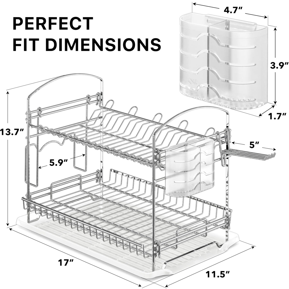 Chrome dish rack with translucent drainboard keeps countertops dry and tidy.