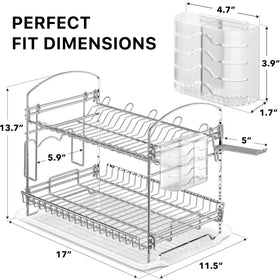 Chrome dish rack with translucent drainboard keeps countertops dry and tidy.