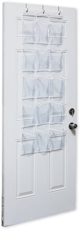 Three included hooks shown for tool-free installation over a door by Simple Houseware.