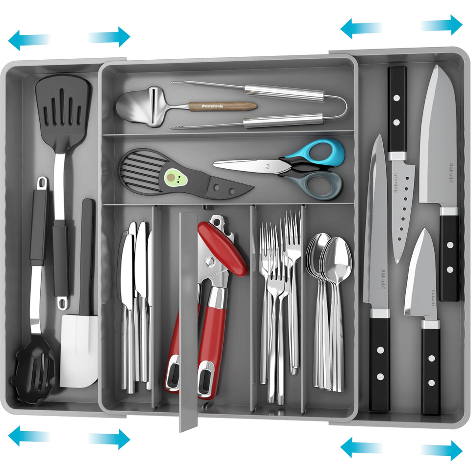 Simple Houseware expandable drawer organizer fits wide drawers with adjustable capacity.