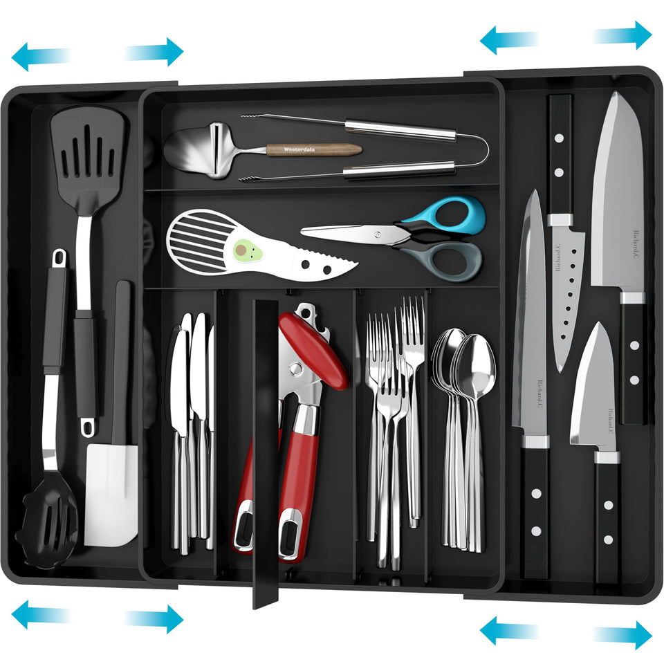 Simple Houseware expandable drawer tray fully extended fits wider drawers.