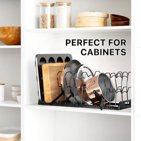 Simple Houseware expandable pan organizer rack accommodates large pots and pans for versatile kitchen storage