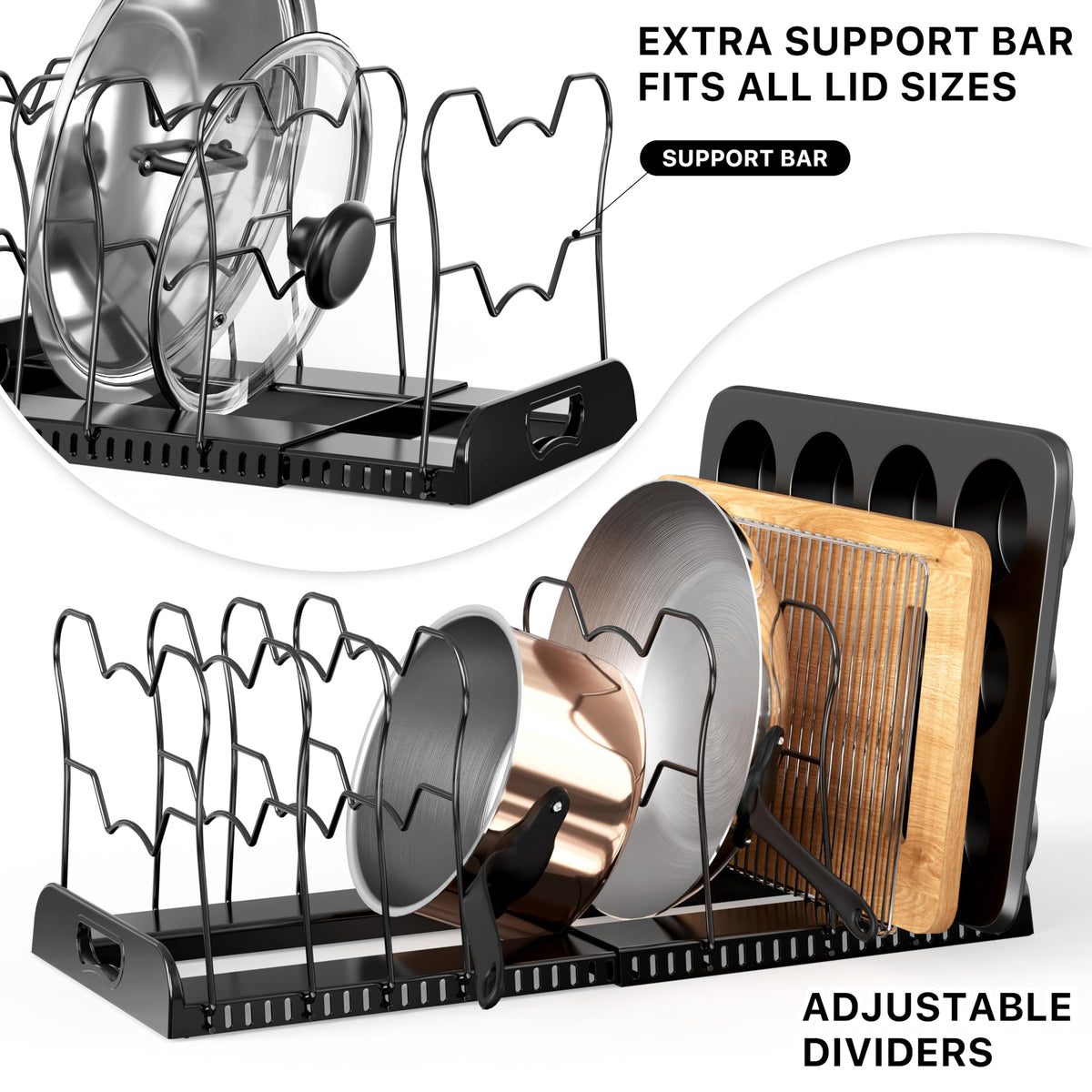 Simple Houseware lid dividers cradle handles securely for lids of varying sizes