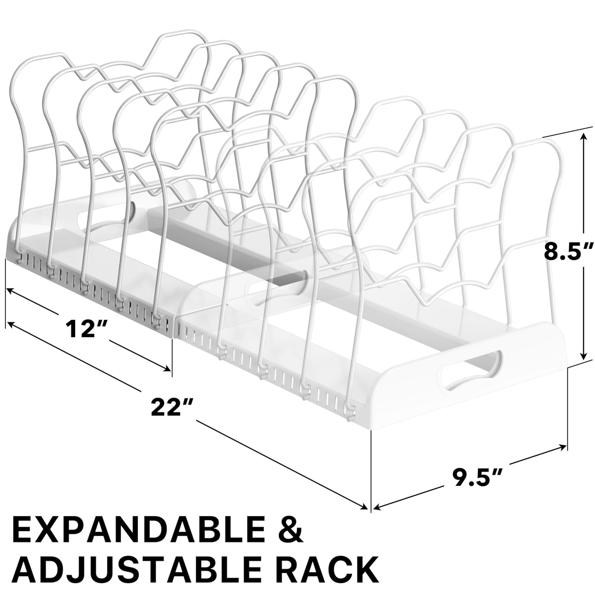 Simple Houseware expandable pan organizer rack side view shows expanded capacity