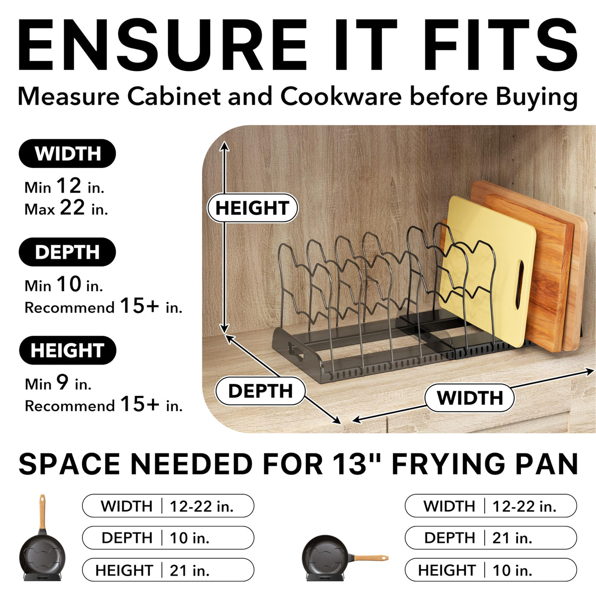 Simple Houseware expandable pan organizer rack with sturdy base supports heavy pots without tipping