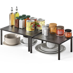 Simple Houseware expandable stackable cabinet shelf bronze finish, front view, space-saving storage.