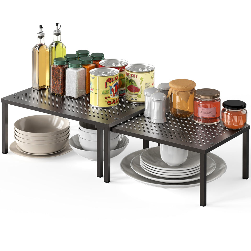 Simple Houseware expandable stackable cabinet shelf bronze finish, front view, space-saving storage.