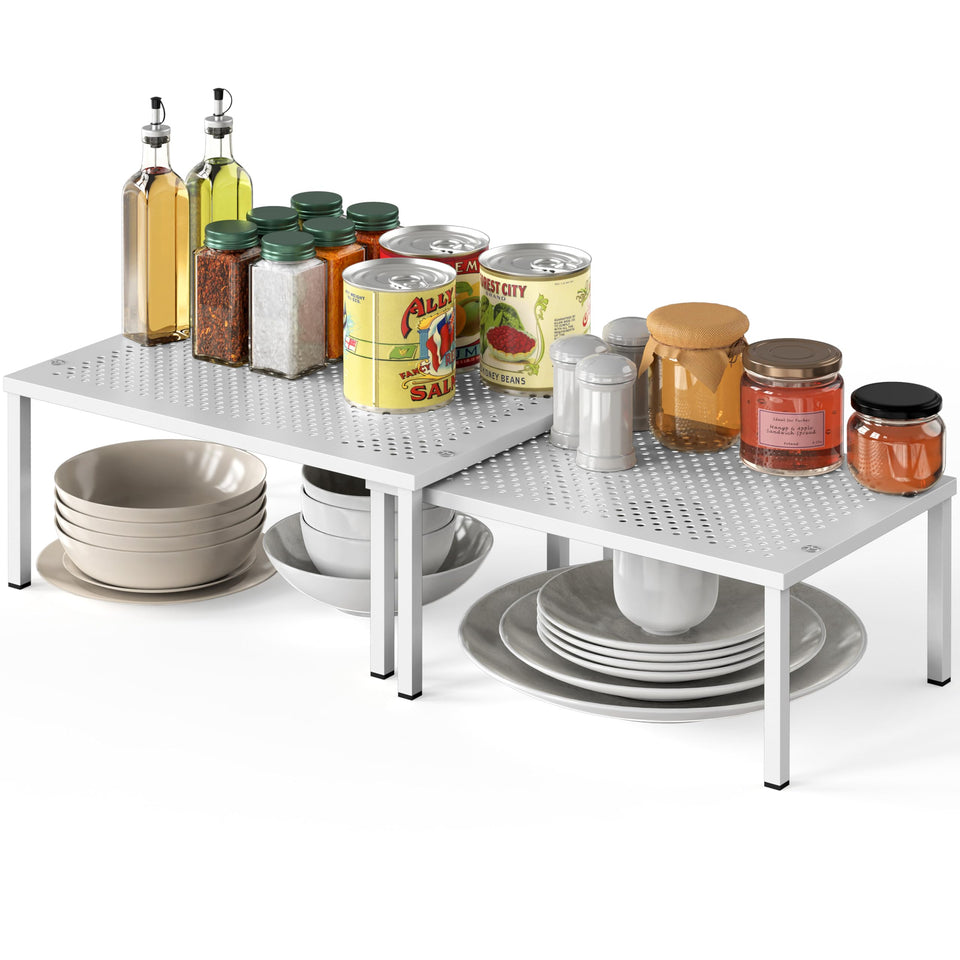 Simple Houseware expandable shelf front view showing extra kitchen storage for dishes and mugs