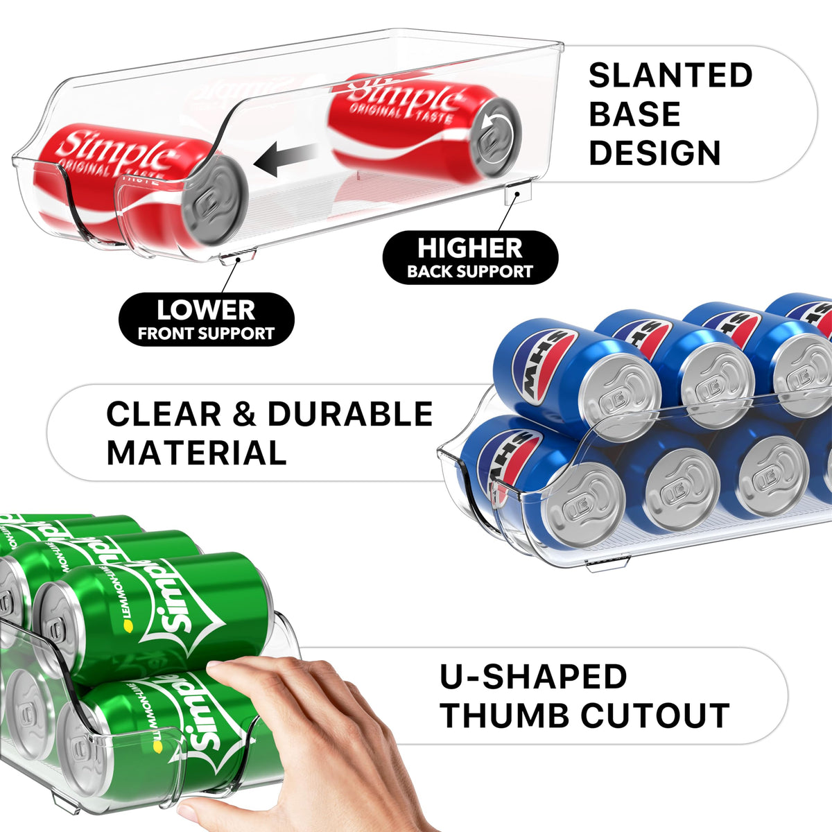 Simple Houseware four-pack can organizer clear-bin on pantry shelf for easy reach.