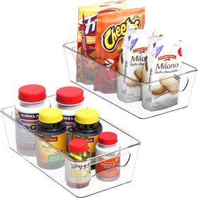 Simple Houseware freezer bin front view showing crystal-clear organization.