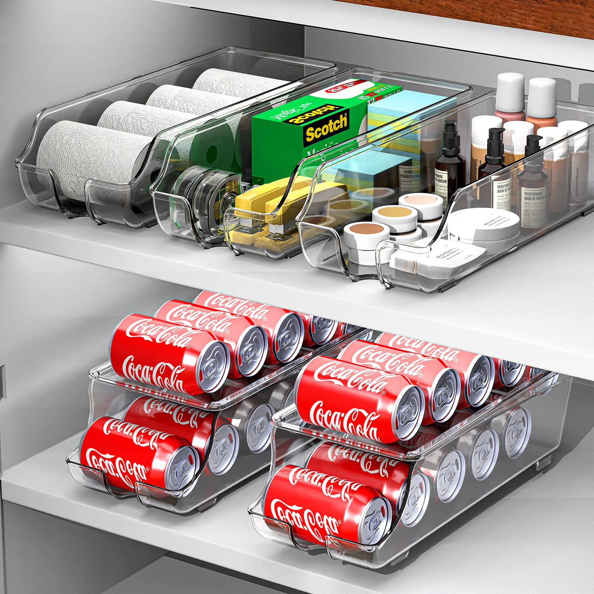 Simple Houseware fridge organization for soda cans improves visibility and access.