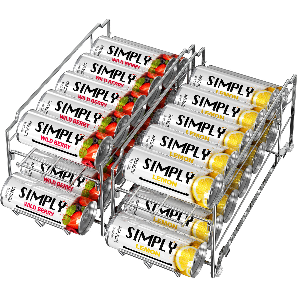 Simple Houseware front-loading tall skinny can dispenser, chrome, side view, space-saving design.