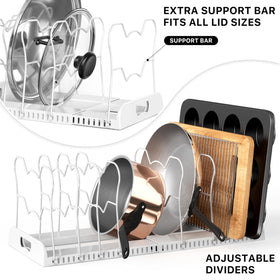 Simple Houseware heavy-base pan organizer on cabinet demonstrating stability