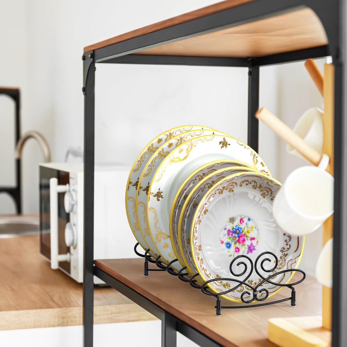 Simple Houseware kitchen plate rack stand in black supports dinnerware upright.