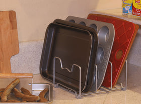 Simple Houseware cookie sheet organizer boosts bakeware visibility and access.