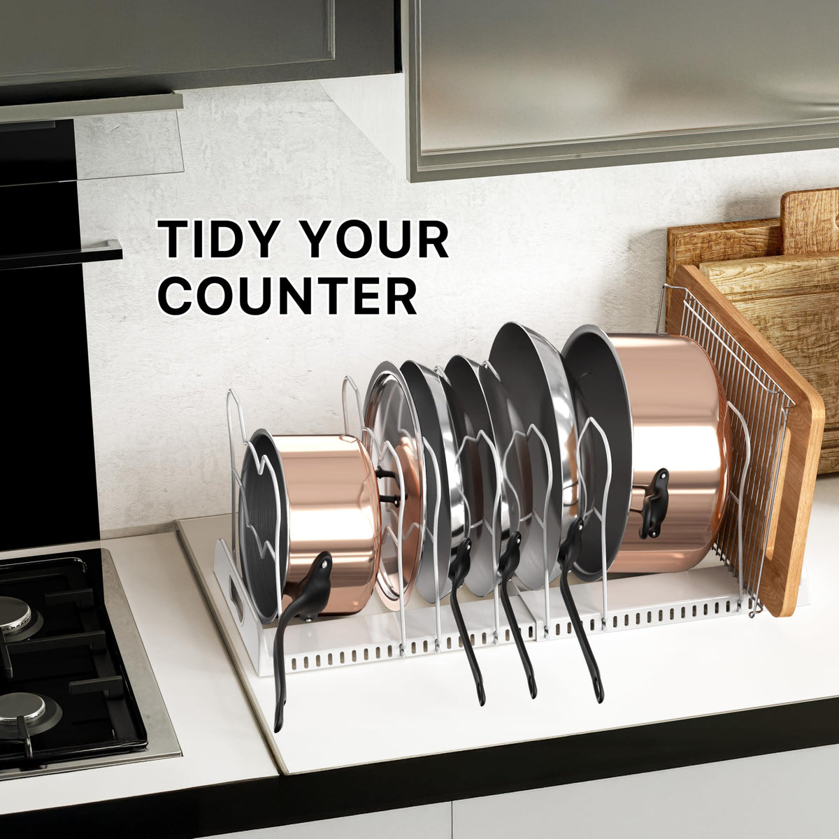 Simple Houseware lids and pans stored neatly for quick access