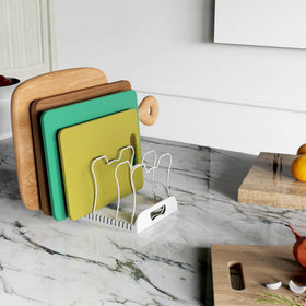 Simple Houseware lid and platter storage keeps flat items secure.