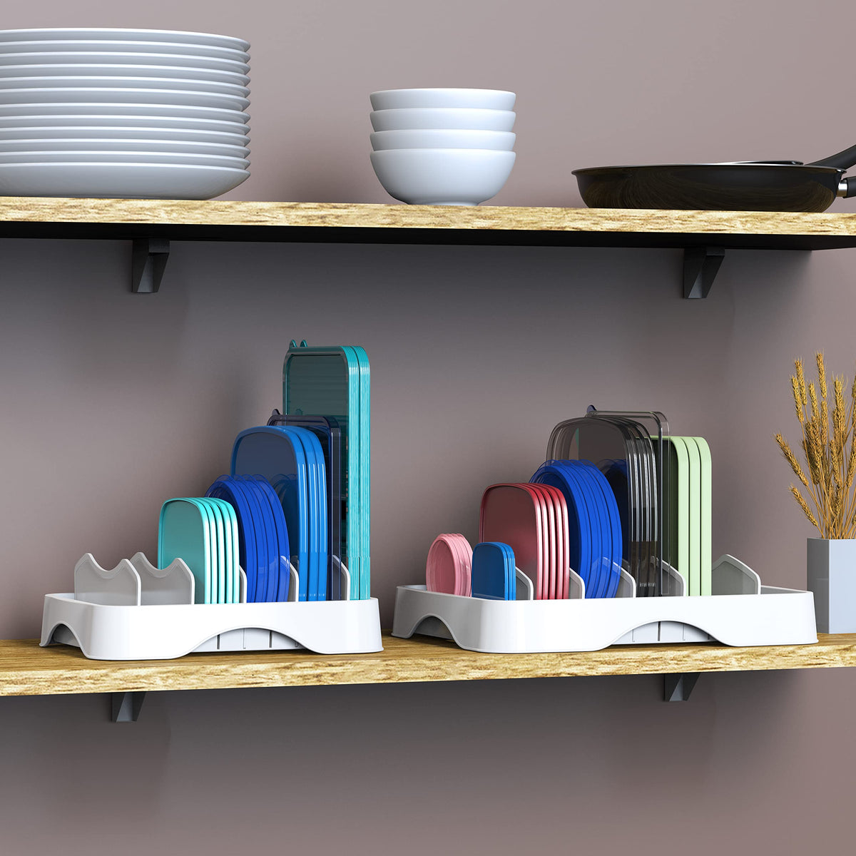 Simple Houseware lid organizer dimensions 10.6 by 8.3 by 3.4 inches in use
