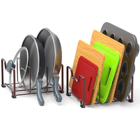 Simple Houseware bronze rack keeps lids, pans and bakeware neatly organized.