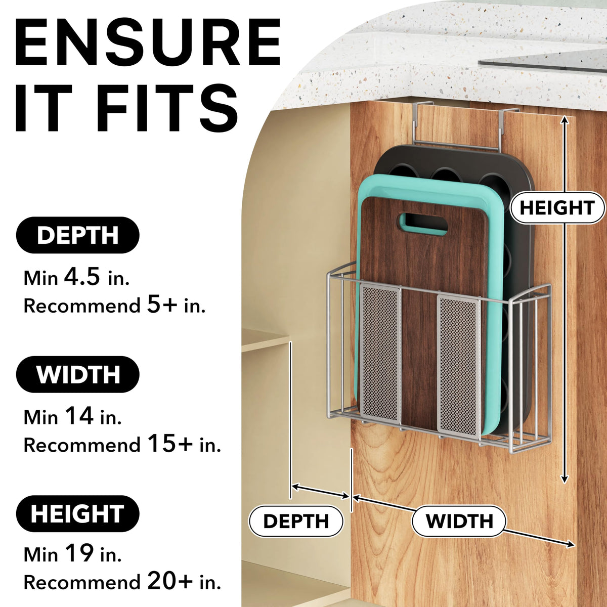 Simple Houseware over-cabinet-door-organizer mounted over door provides accessible organization.