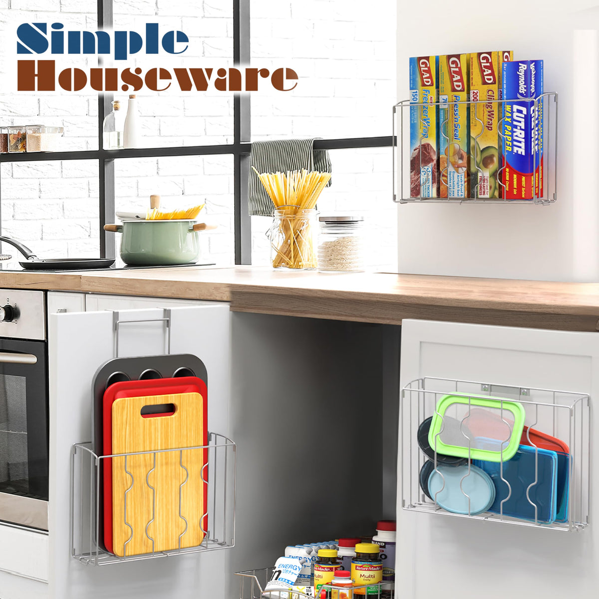 Kitchen setup using Simple Houseware over-cabinet organizer.