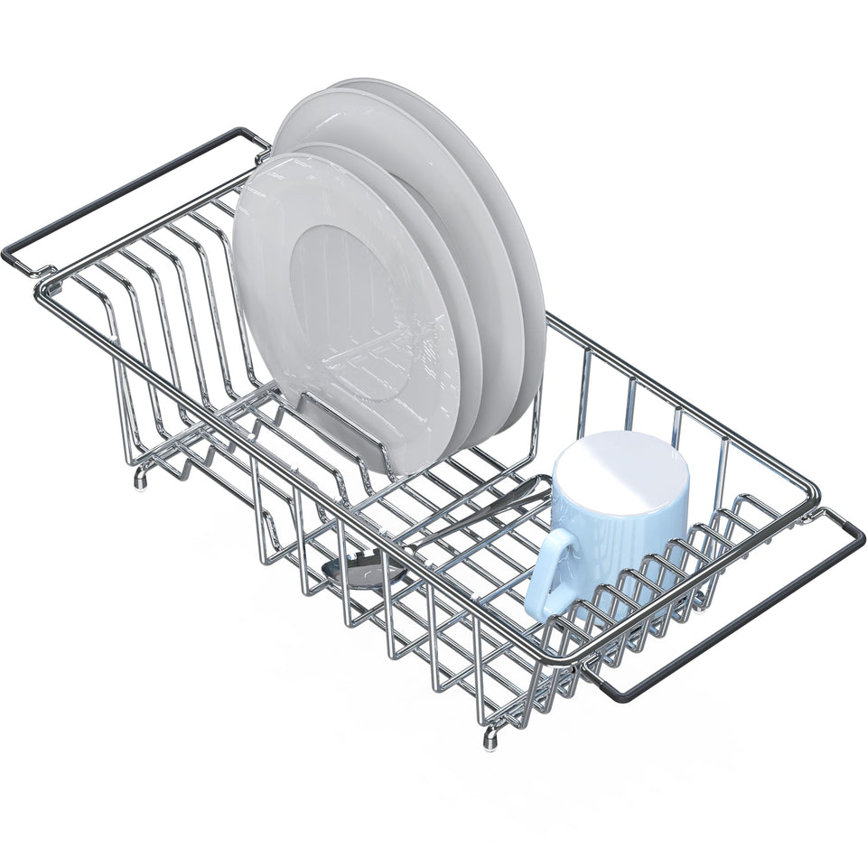 Simple Houseware over-sink drying rack in stainless steel, ready to air-dry plates