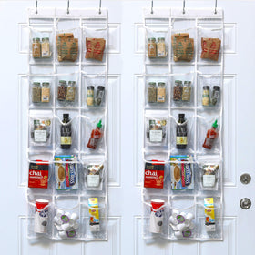 Simple Houseware over-the-door pantry organizer with 15 clear pockets ready for vertical storage in a kitchen.