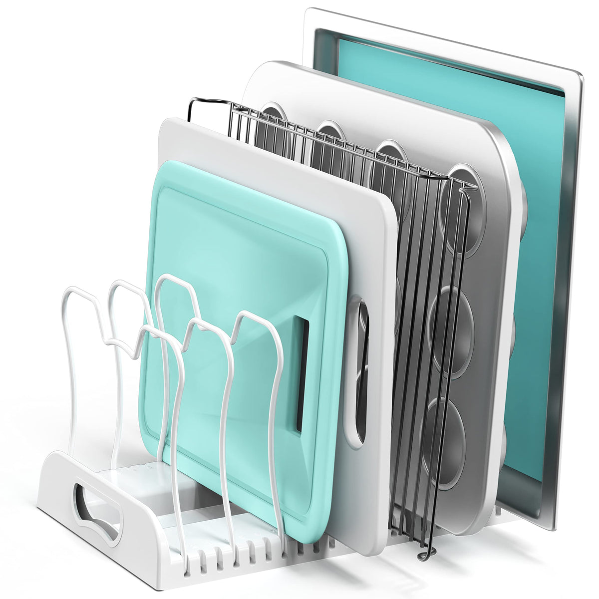 Simple Houseware pan organizer with seven compartments keeps cookware neatly separated and accessible.