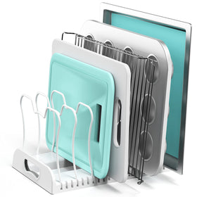 Simple Houseware pan organizer with seven compartments keeps cookware neatly separated and accessible.