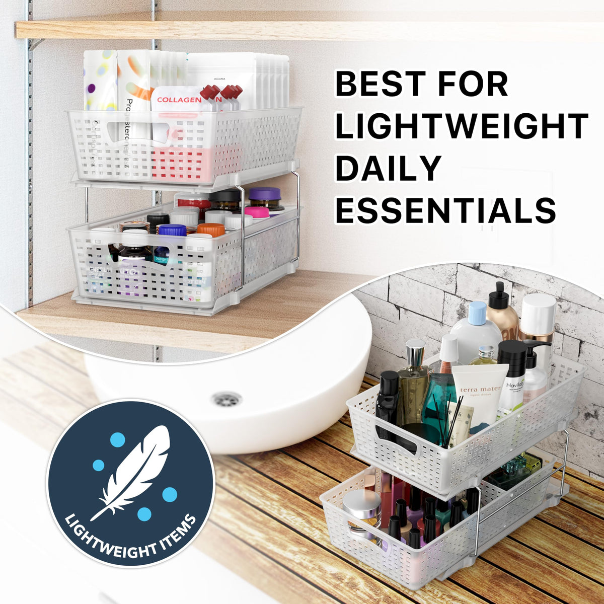 Simple Houseware perforated tray drains moisture, suited for humid bathrooms.