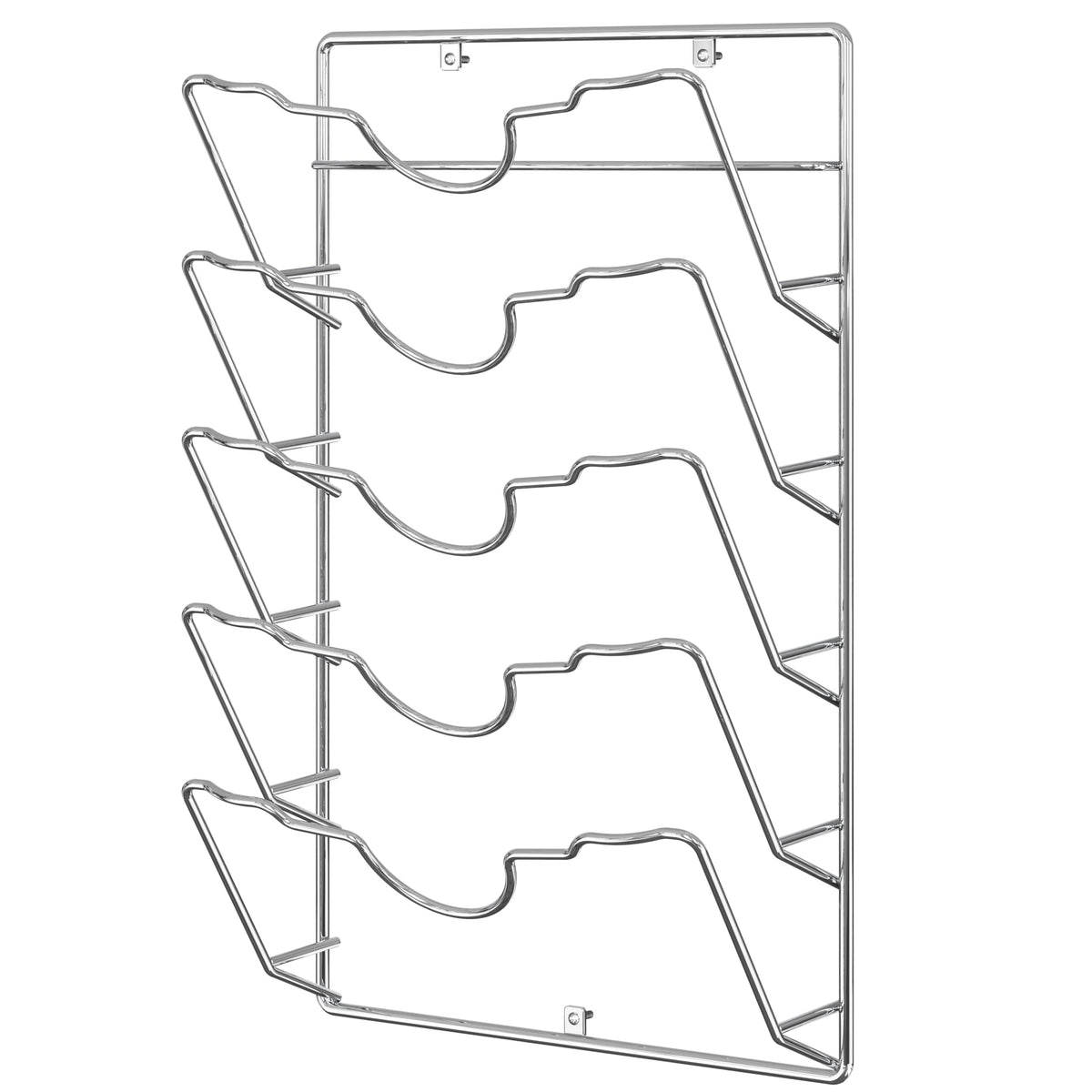 Simple Houseware chrome lid rack holds lids with various handle styles.