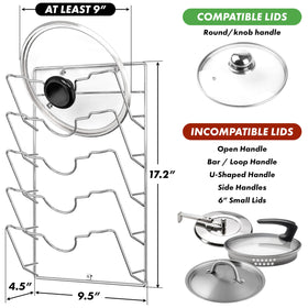 Simple Houseware chrome lid rack installed on cabinet door for easy lid access.