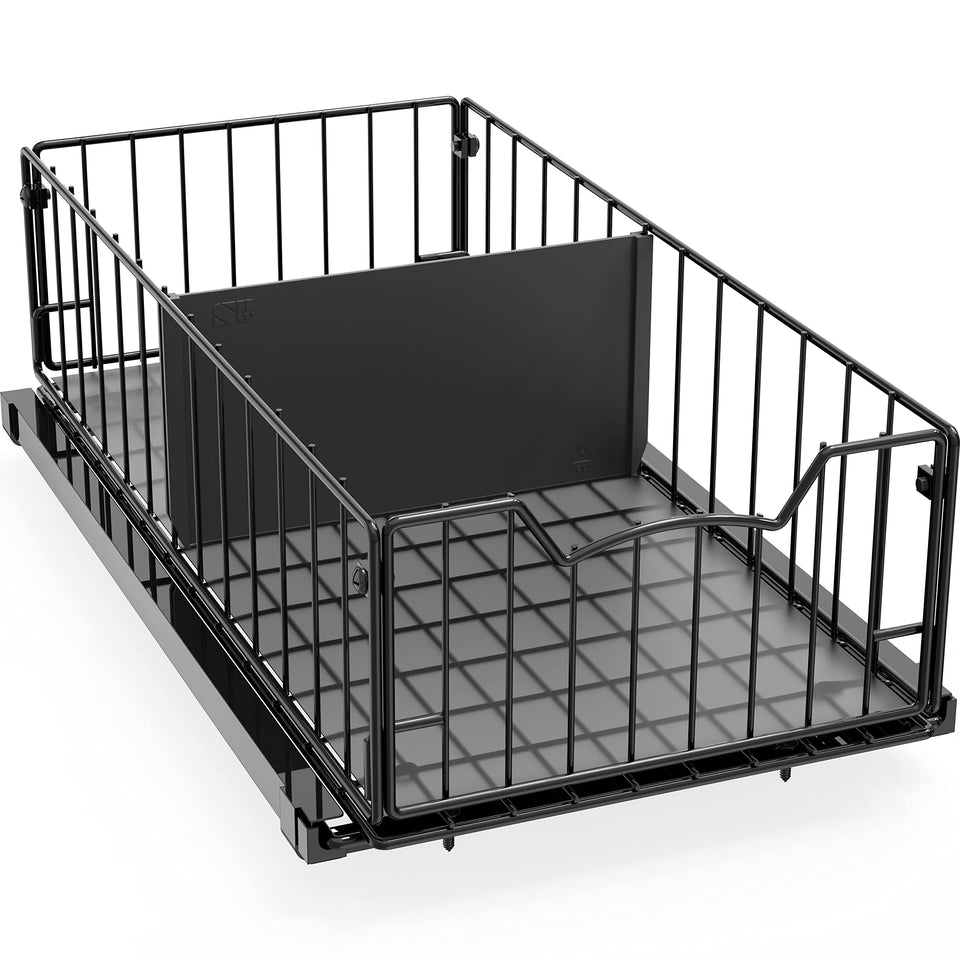 Simple Houseware pull-out basket organizer front view in black for easy cabinet access