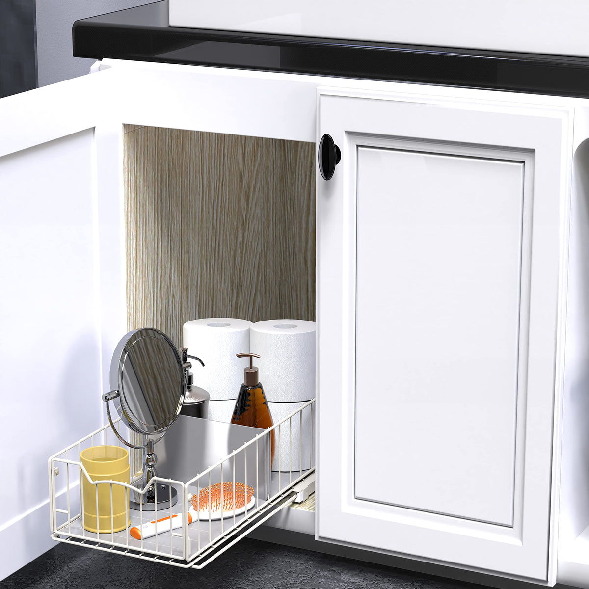 Simple Houseware pull-out basket in pantry shelf for tidy storage.