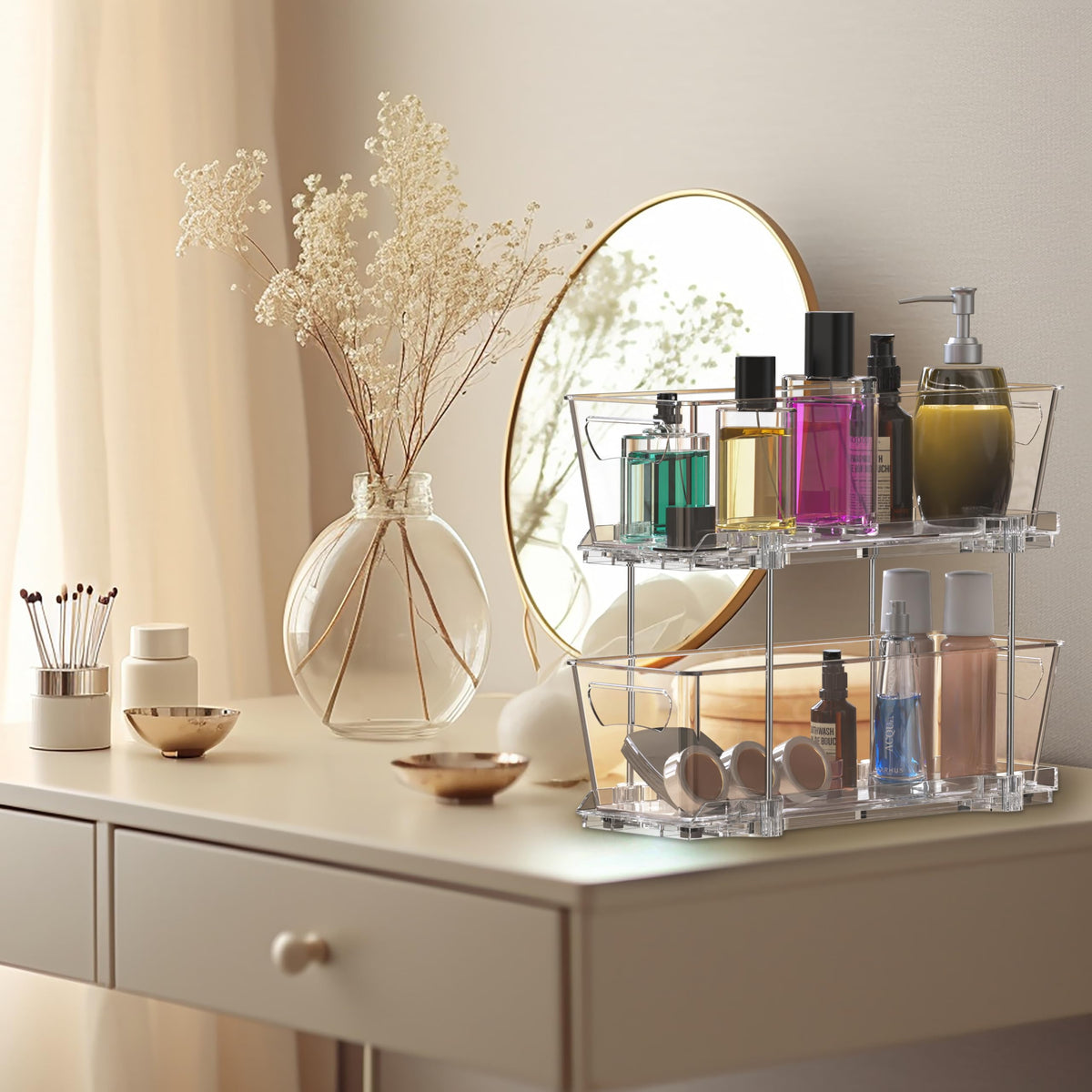 Simple Houseware pull-out basket in action for easy access in tight cabinets.