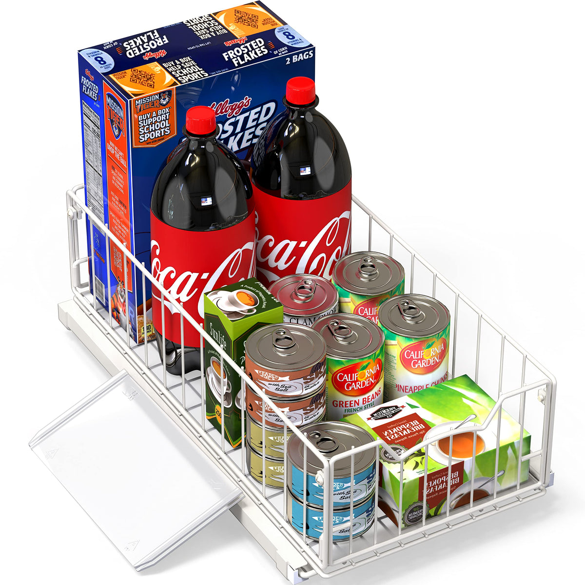 Simple Houseware white pull-out basket sits inside a cabinet for efficient access.